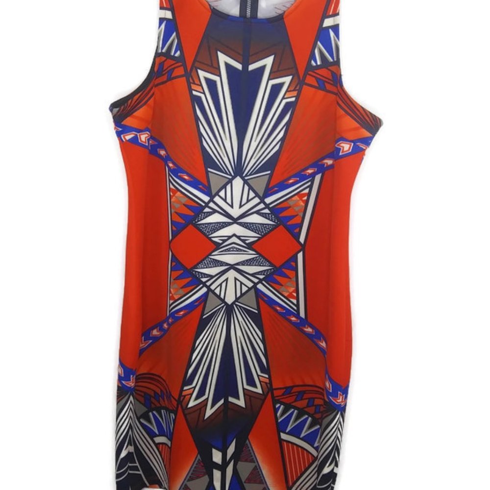 Red White Blue Boho Aztec Exposed Zip Dress